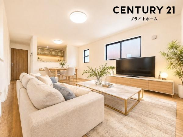 川崎市川崎区旭町２丁目の新築一戸建の居間・リビング|自慢したくなるリビング！
形も良く家具の配置にも困りません。
※家具等はＣＧでの参考レイアウトです。