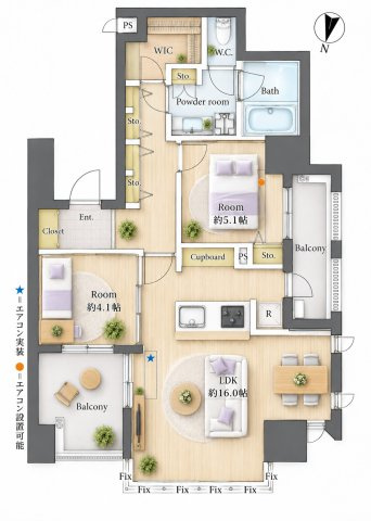 【間取り】 | グランドメゾン百道浜☆仲介手数料無料☆ | ※本図に表示されている家具・家電・照明・インテリア・観葉植物等は、AIによる配置イメージです。実際には設置されておらず、売買対象にも含まれません。図面と現況が相違する場合は、現況を優先いたします。