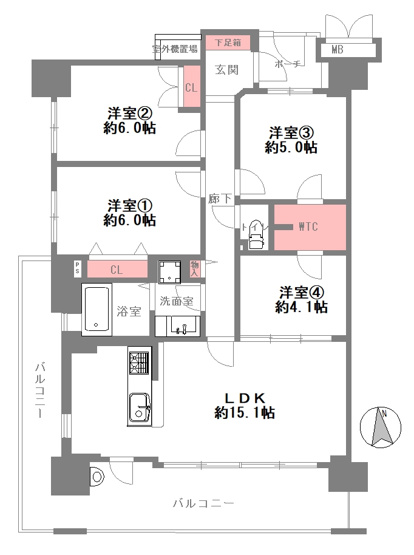 【間取り】 | グランアッシュ新深江 | 【三方角住戸！ペット飼育OK♪室内水廻り設備一新！全面リフォーム済み☆安心の新調設備保証付き☆床暖房・食洗機・バス追炊機能・浴室乾燥機完備☆2面バルコニー☆】