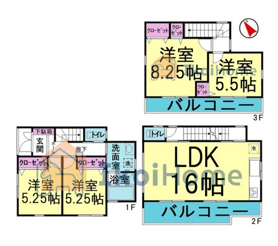 明石市硯町3丁目　中古戸建の間取り|●年中無休：当日予約可●3階建ての使いやすい4LDKの間取り♪全居室収納完備！バルコニー2か所付き！