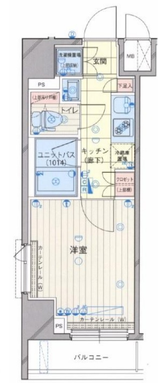 ルーブル羽田西の間取り|南向きバルコニーの1Kバストイレ別洗面台独立