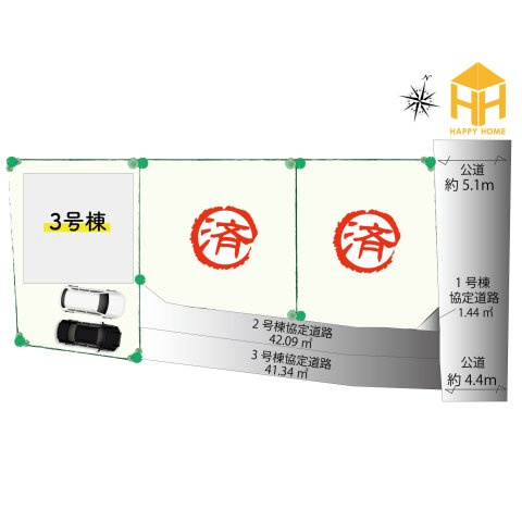 ブルーミングガーデン野間5丁目新築一戸建て│3LDK+並列駐車2台可の区画図|伊丹市野間5丁目に全3区画分譲開始しました！全棟駐車2台可能です。