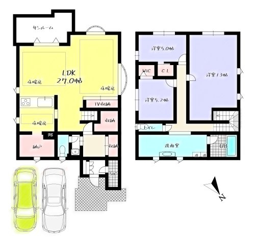 BON JONOーボン・ジョーノー小倉北区片野新町3丁目　3LDKー　【小倉北区　中古戸建て】の間取り|2階リビングにサンルーム付きのこだわり詰まったダイワハウス施工の3LDK♪　【小倉北区　中古戸建て】
