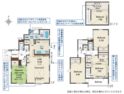 ブルーミングガーデン前橋市上新田町　１号棟の間取り|収納充実♪南向きの4LDK+ロフト付きで陽当たり良好な間取りです！
土地面積200.63㎡、建物面積107.43㎡で十分な広さです！