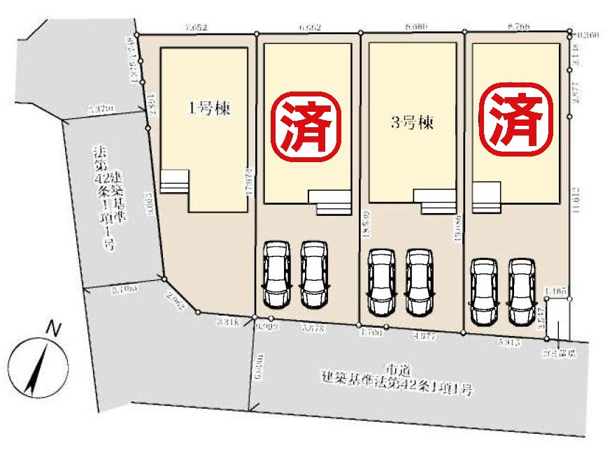 八潮市緑町3丁目　新築戸建　全4棟　3号棟の区画図|家族の車＋来客用にも便利な並列2台駐車可能
