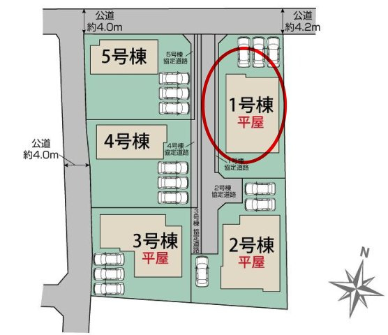 ブルーミングガーデン前橋市女屋町　１号棟（平屋）の区画図|駐車場３台以上ご用意しています！来客時も重宝します♪
並列駐車なので、車の出し入れもしやすいですよ！