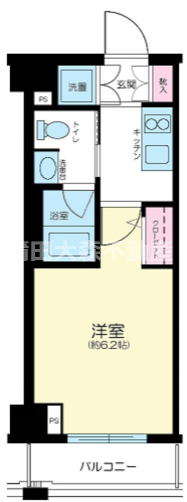XEBEC(ジーベック千鳥町の間取り|西向きバルコニーの1K洋室6.2帖バストイレ別独立洗面台！