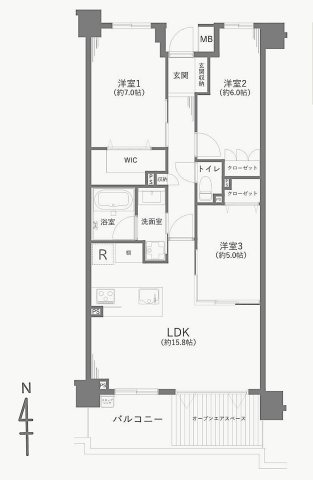 ヴェレーナ流山セントラルパークの間取り|3LDK 専有面積75.30m2 バルコニー5.8m2　オープンエアスペース6.30m2
全室5帖以上を確保し、豊富な収納や6.30㎡のオープンエアスペースを備え、ご家族で快適に暮らせる機能的な間取り