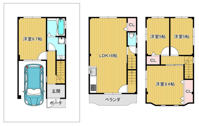 【間取り】 | 生野区林寺4丁目 | 3階建【全洋室4LDK＋車庫】室内水廻り設備一新！全面リフォーム済みです☆