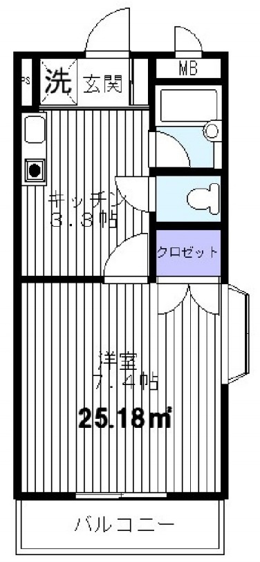 アビタ池上の間取り|間取り　南向きの1Kバストイレ別洋室7.4帖