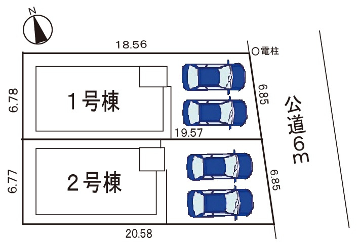 小牧市田県町　新築戸建　１号棟の区画図|駐車場並列２台可。