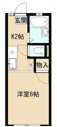 グレース山王の間取り|南東向きの1Kバストイレ別　キッチン脇冷蔵庫やレンジ炊飯器、ポットなどの棚が置けるスペースあり