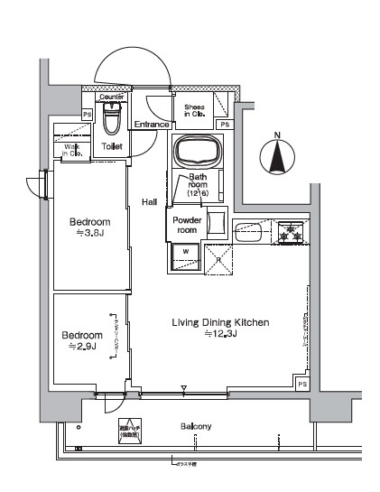 プラウドフラット西蒲田の間取り|南向きバルコニー南西角部屋の2LDK