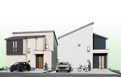 「全洋室WIC完備」高知市鴨部3期2棟　2号棟新築一戸建ての外観パース|落ち着いた色合いが街並みに調和する新築邸宅！お車2台を並列駐車できるゆとりの敷地を確保