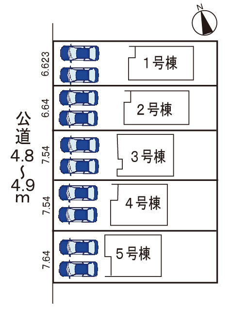 小牧市多気北町　新築戸建　２号棟の区画図|全５区画。
駐車場並列２台可。