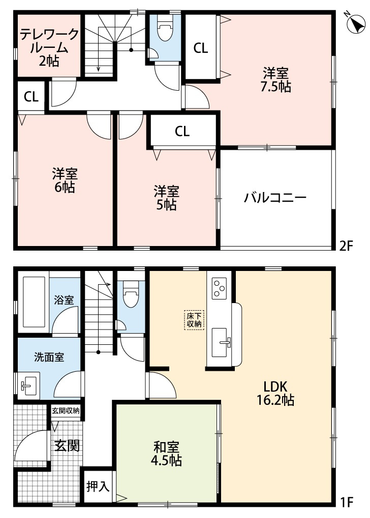 小牧市多気北町　新築戸建　３号棟の間取り|テレワークルーム２帖あり。
LDK16.2＋和室4.5帖の続き間でゆとりの空間♪