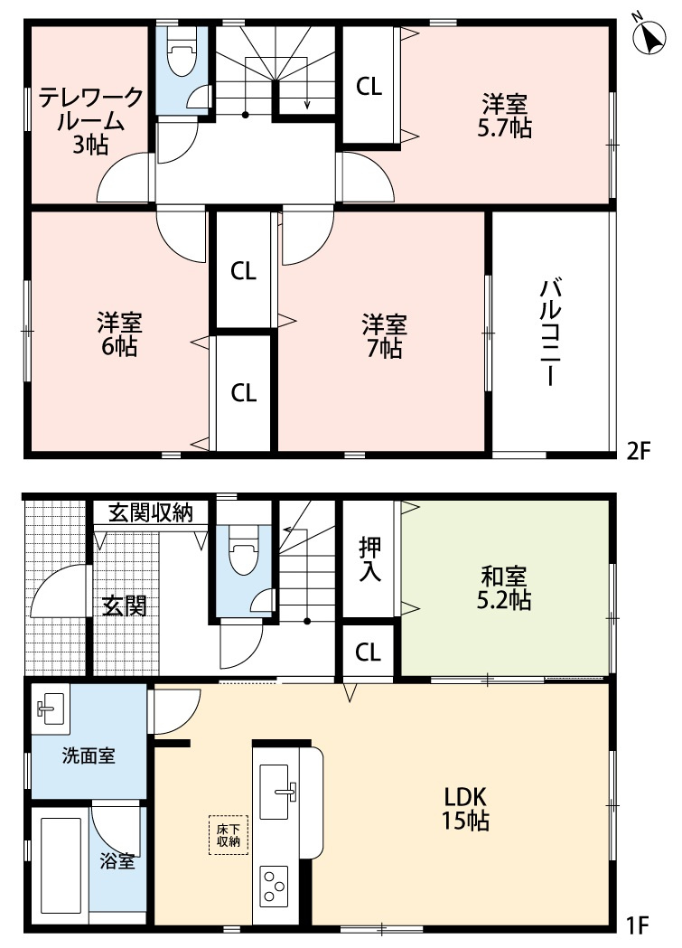 小牧市多気北町　新築戸建　４号棟の間取り|テレワークルーム３帖あり。
LDK15帖＋和室5.2帖の続き間でゆとりの空間♪