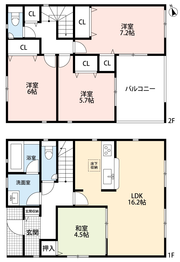 小牧市多気北町　新築戸建　５号棟の間取り|LDK16.2帖＋和室4.5帖の続き間でゆとりの空間♪
広々インナーバルコニー。