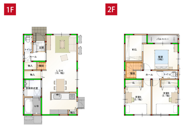 「太陽光標準装備」高知市朝倉本町1丁目　新築建売2の間取り|1階のLDKと2階の各居室がバランスよく配置されプライベートと家族の時間を両立できる間取りです。