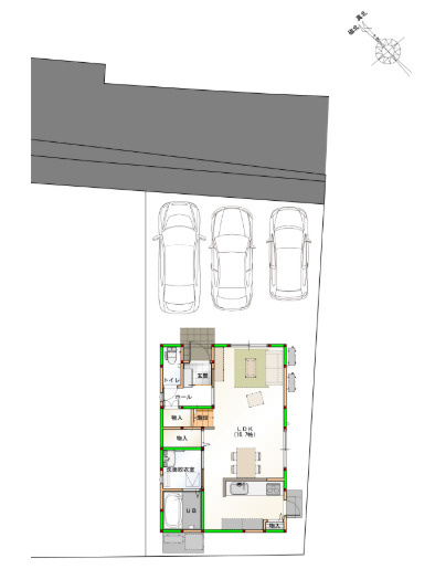 「太陽光標準装備」高知市朝倉本町1丁目　新築建売2の区画図|敷地内に車3台駐車可能◎急な来客にも対応できます。