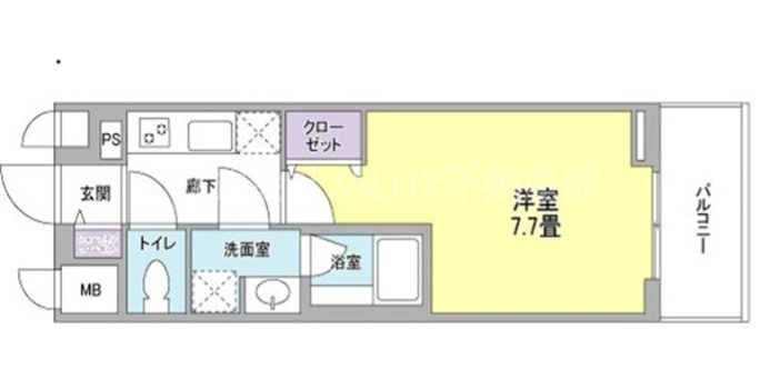 L'axeラグゼ本羽田の間取り|東向きバルコニーの1K7.7帖バストイレ別独立洗面台　洗面台とトイレも完全に分かれた間取り！