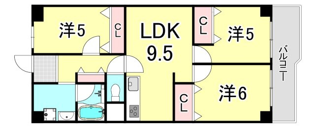 西宮市東鳴尾町２丁目の賃貸マンションの間取り