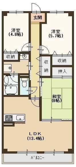 西宮市市庭町の賃貸マンションの間取り