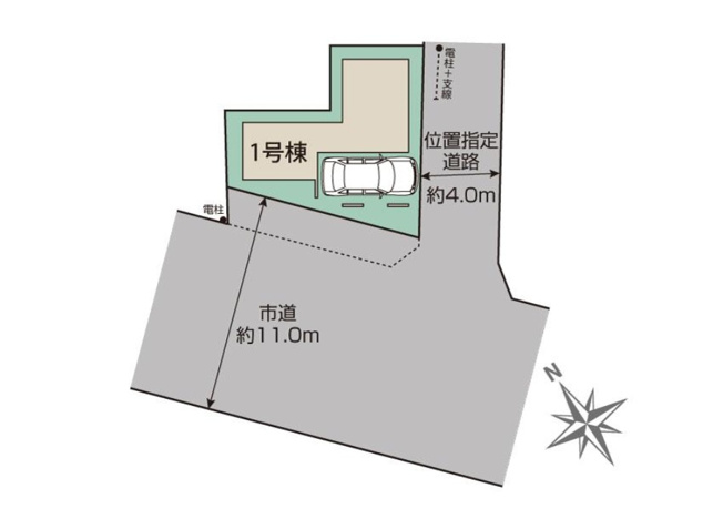 【区画図】 | 朝霞市三原3丁目　新築一戸建住宅　全1棟　(志木本店) | 南西側約11m、南東側約4m道路に面した開放感のある敷地。
角地ならではのゆとりと明るさが魅力です。