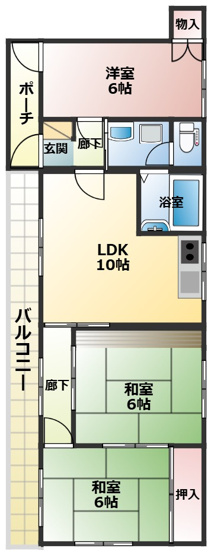 【間取り】 | エメラルドマンション矢賀Ⅱ | ☆エメラルドマンション矢賀Ⅱ101号室 リフォームむけ３ＬＤＫ　平地、交通アクセス良好、各生活施設も充実！
１Ｆ角部屋で便利！　平面駐車場１台ぶん確保9,000円／月額　ペット可能