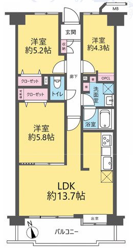 東急ドエルアレス浦和元町の間取り|◆4階部分南向きバルコニーで陽当たり良好でお洗濯も良く乾く。主寝室におすすめの洋室は各5.8帖・5.2帖とゆとりのある空間。4.3帖の洋室は、在宅ワークや趣味の部屋、お子様のはじめての一人部屋に。。
