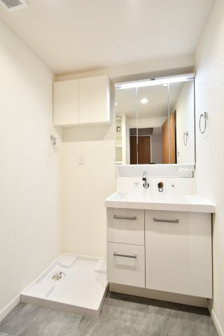 東急ドエルアレス浦和元町の独立洗面台|身支度がはかどる洗面所、朝の渋滞を軽減する写真。シャワー付洗面化粧台で身支度も掃除もラクに、洗濯パン交換済(2026年6月)も安心材料。内覧で収納・採光・動線を確認ください。