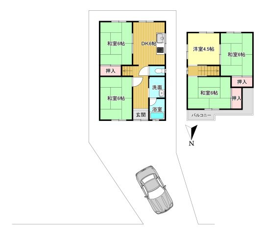 北葛城郡上牧町米山台1丁目の間取り|5DK　土地面積:100.41ｍ2　建物面積：76.60ｍ2　駐車1台可能