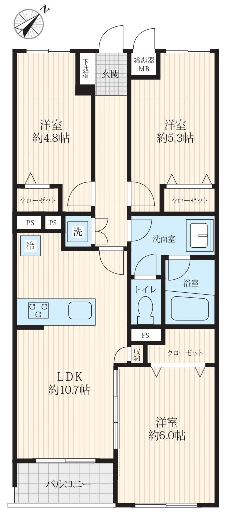 パークステージ綾瀬の間取り|南東向きにつきまして日当たり・通風良好。新規リノベーション施工が完了いたしましたのでいつでも内覧が可能です。