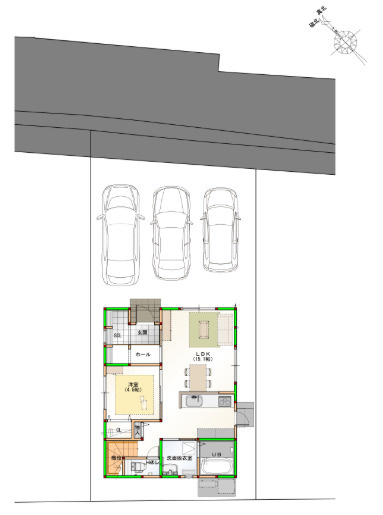 「並列駐車3台可」高知市朝倉本町1丁目　新築建売3の区画図|ゆとりの前面スペース！並列3台駐車可能な使いやすい配置プラン！