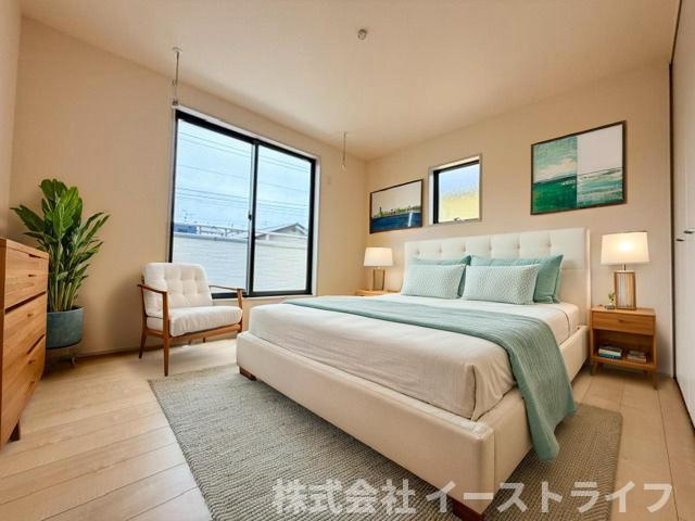 【新築戸建】　いわき市泉滝尻2丁目1期　長期優良住宅　の寝室|同社施工写真　寝室家具配置イメージ　本画像はCGで作成しており、実際に現地に 家具は置かれておりません。また、価格に 家具は含まれておりません。