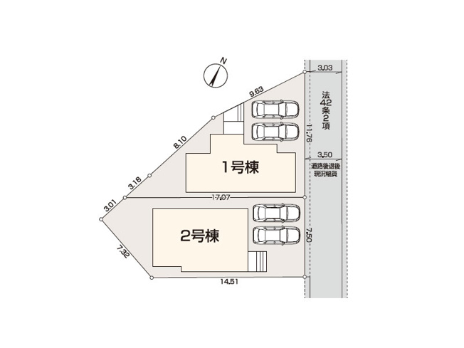 【区画図】 | 東久留米市八幡町3丁目　新築一戸建住宅　全2棟　(保谷店) | 2号棟/セカンドカーをお持ちの方、お車での来客の多い方も嬉しい2台分のカースペース付き。※図面を基に作成しています。現況と異なる場合は現況を優先いたします。