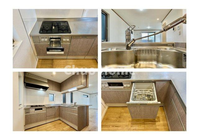 葛飾区細田1丁目中古住宅のキッチン|【システムキッチン】ワイドで収納豊富な使い勝手の良いカウンターキッチンには、食洗器・伸縮タイプのキッチン水栓、三ツ口コンロ・魚焼きグリルなどの便利な設備が標準完備されています。