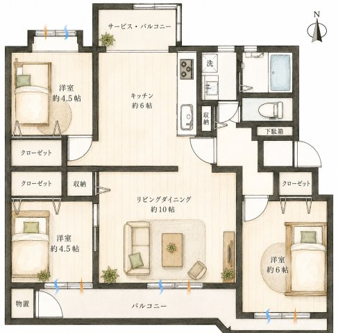宮前平グリーンハイツ15号棟の間取り|3LDK、価格2699万円、専有面積75.84m2、バルコニー面積11.75m2 【LDK　16.0帖】 【洋室　6.0帖・4.5帖・4.5帖】    