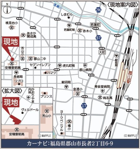 郡山市長者2丁目1期　　　　14号棟　　　芳山小学校、郡山第2中学区の地図|案内図・拡大図