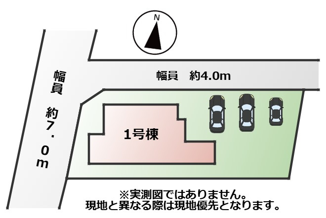 宇都宮市砥上モデルの区画図|敷地面積：173.87㎡　接道：北側約4ｍ、西側約7ｍの角地
