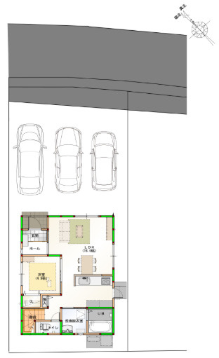 「子育て世帯に嬉しい立地」高知市朝倉本町1丁目　新築建売4の区画図|並列3台駐車できるゆとりの敷地レイアウト。前面道路からの出入りもスムーズに行えます。