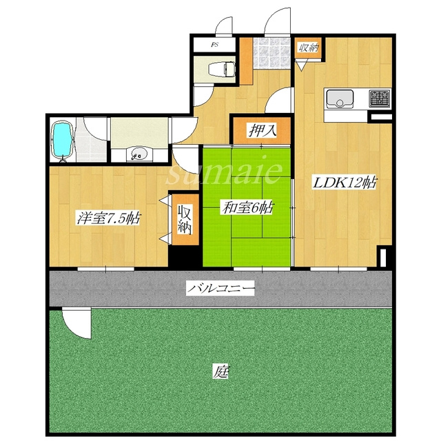 プレステージュ・ミネギシの間取り|広い庭付き！南向きのお部屋です♪
