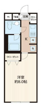 ウェルスクエアイズム大森西の間取り|洋室8帖の1Kバストイレ別独立洗面台