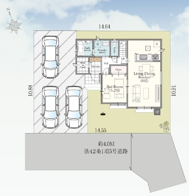所沢市下安松・全1棟　新築一戸建　～駐車3台可～の区画図|駐車3台可、南道路に面し日当たり良好です。