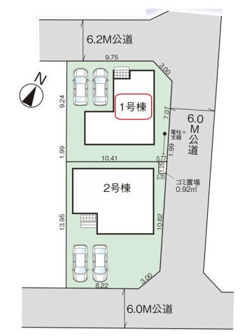 飯能市征矢町・全2棟　新築一戸建　1号棟の区画図|【全2棟・1号棟】カースペース並列2台。