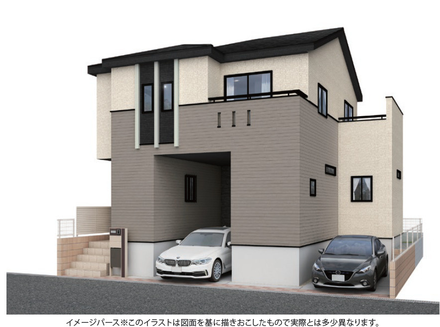 《仲介手数料半額》川越市霞ケ関北3丁目の外観パース|霞ケ関駅徒歩13分。吹抜が生み出す開放感が魅力のデザイン住宅です。長期優良住宅・断熱等性能等級5取得で、デザインと性能を両立。ぜひ現地でご体感ください！