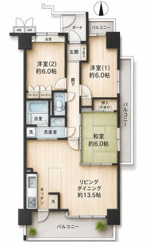 サーパス鷹子第三の間取り|三面にバルコニーを備えた角住戸です。