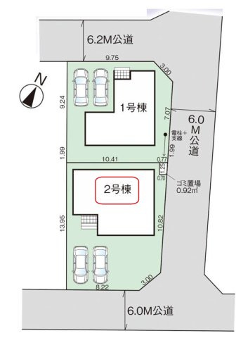 飯能市征矢町・全2棟　新築一戸建　2号棟の区画図|【全2棟・2号棟】カースペース並列2台。