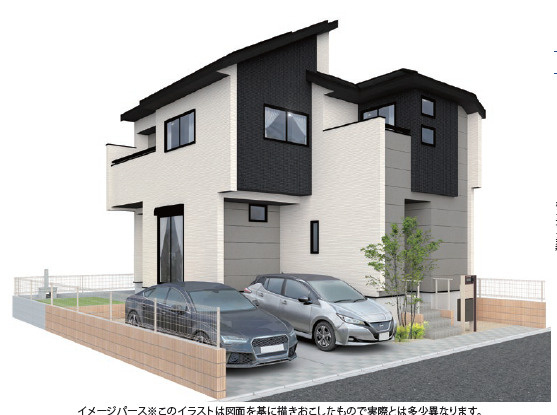 《仲介手数料半額》川越市吉田4期の外観パース|霞ケ関駅徒歩12分、スーパー徒歩10分圏内の便利な立地。長期優良住宅・断熱等性能等級5取得、太陽光発電搭載。将来2部屋に分けられる居室も魅力です。