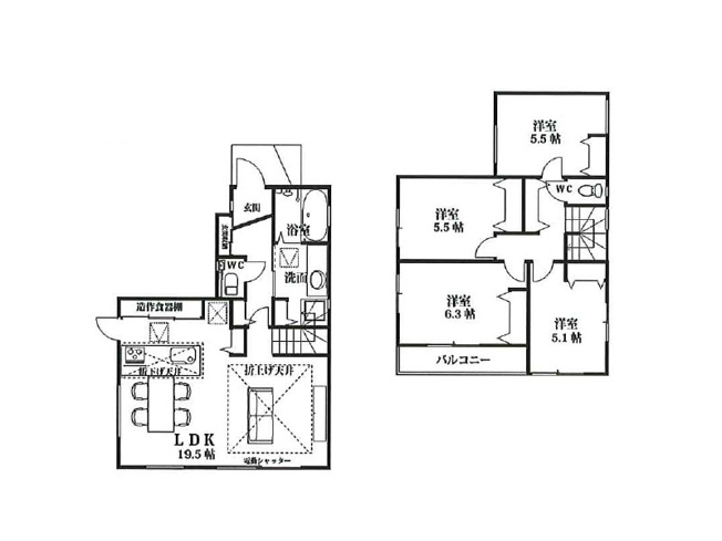 【間取り】 | 川越市藤間　新築一戸建住宅　全1棟　(ふじみ野店) | LDKは19.5帖と広々！
全居室収納付きお部屋がすっきりと片付きます！